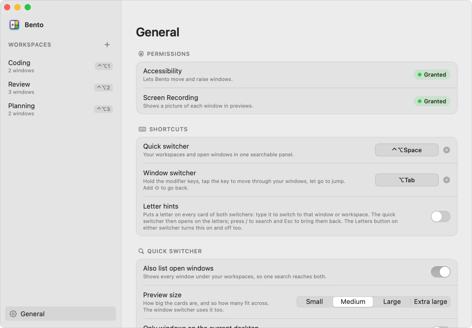 The General settings: permissions, shortcuts, letter hints and quick switcher options