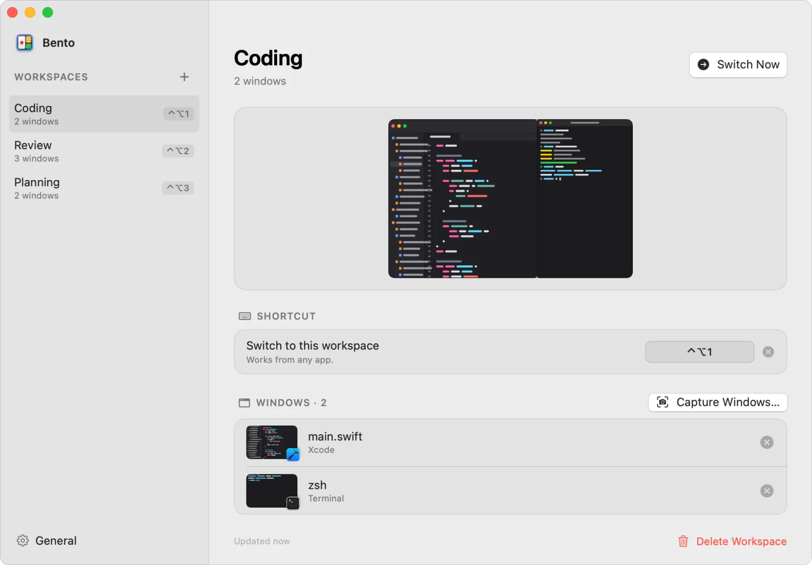 A workspace in the settings window: its layout, shortcut and windows