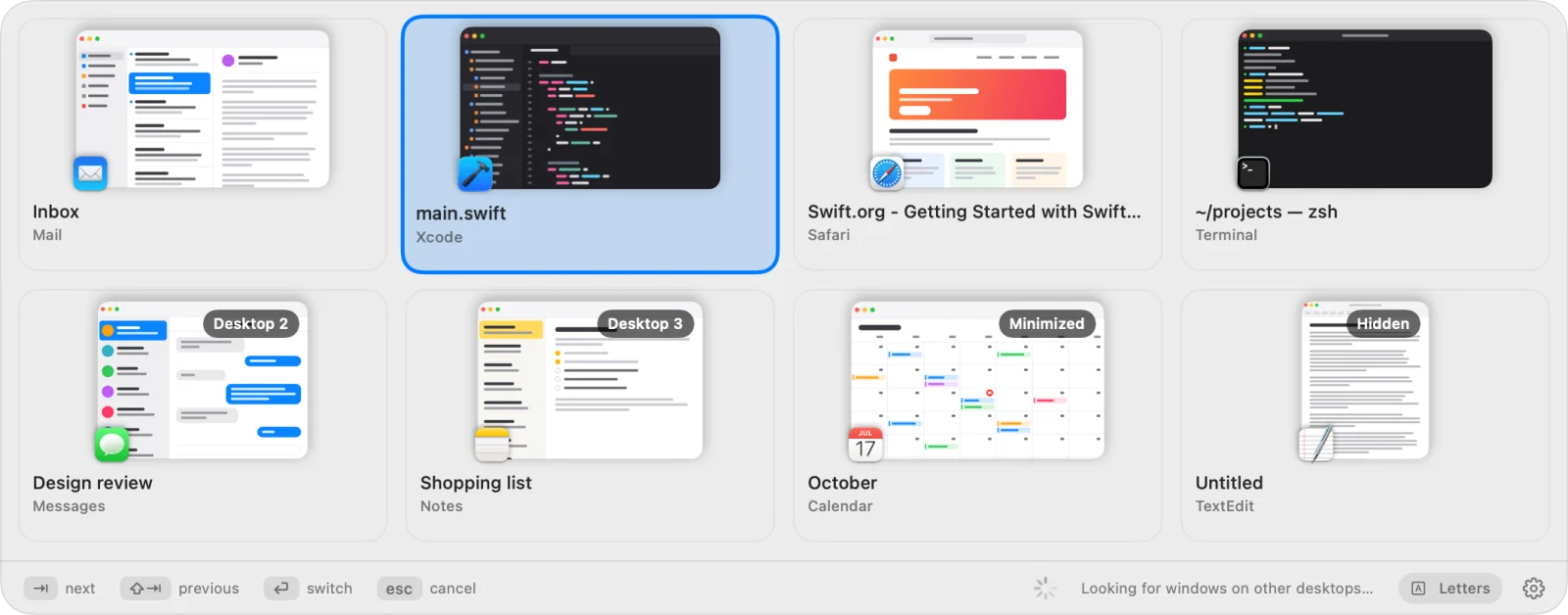 The window switcher, a row of window previews with the second one highlighted